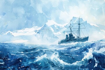 A beautiful painting of a ship sailing in the ocean. Perfect for nautical themes