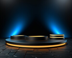 3d rendering of a stage with blue spotlights
