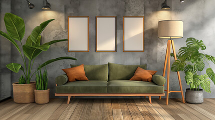 contemporary interior design for 3 poster frames in living room mock up with green couch, wooden pot and floor lamp,