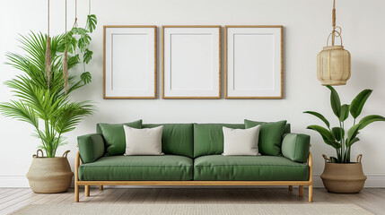 contemporary interior design for 3 poster frames in living room mock up with green couch, wooden pot and floor lamp,