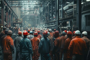 workers helmets at the factory, view from the back, group of workers, change of workers in the factory, people go in helmets and uniforms for an industrial enterprise