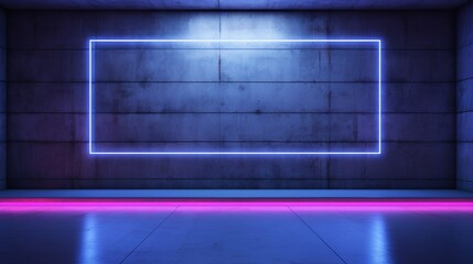 A dark room with a glowing blue neon rectangle on the back wall and pink neon lights on the floor.