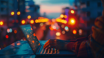 Young talented hacker using laptop computer while working in dark office with big city lights in the background at night
