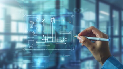 A hand drawing a flowchart diagram on a transparent glass board, mapping out processes and workflows for organizational efficiency.