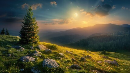 On the sloping hillside of a majestic mountain range a solitary fir tree stands amidst scattered stones in the lush grass under the surreal dance of the sun and moon in the vast sky This ca - Powered by Adobe