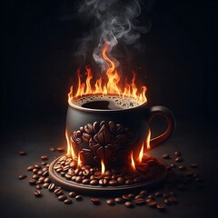 A steaming cup of coffee surrounded by flames and coffee beans on a dark background