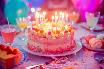 Colorful birthday cake with candles on a table