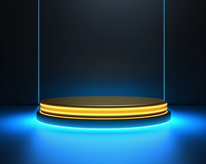 Blue and gold glowing pedestal on the dark background