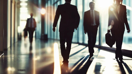 Business people walking in office corridor with soft lens flare in background 16:9 with copyspace