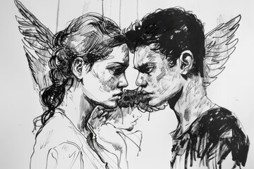 Simple black and white drawing of a man and a woman. Suitable for various design projects - obrazy, fototapety, plakaty