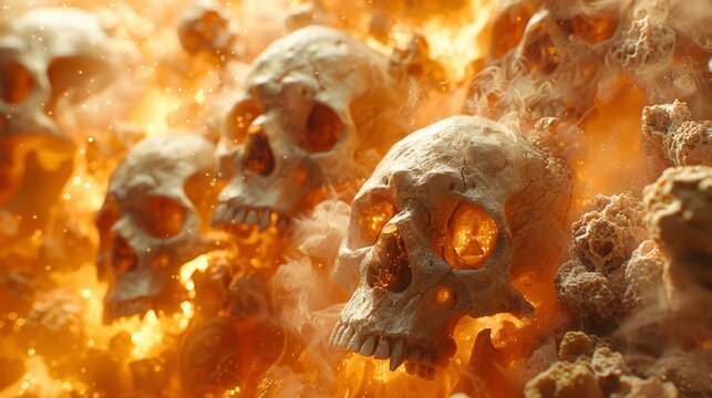 A bunch of skulls are burning in a fire pit, AI