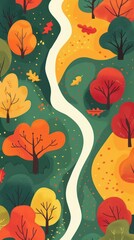 Colorful landscape in flat design, top view, autumn foliage theme, cartoon drawing, Splitcomplementary color scheme - obrazy, fototapety, plakaty