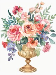 Flowers arrangement in flat design, front view, wedding centerpiece theme, water color, Complementary Color Scheme - obrazy, fototapety, plakaty