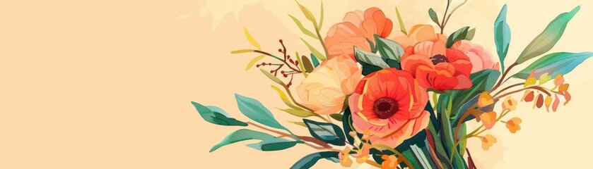 Floral bouquet in flat design, side view, wedding theme, water color, Complementary Color Scheme - obrazy, fototapety, plakaty