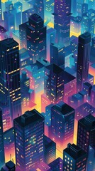 Light cityscape in flat design, top view, urban night theme, water color, Complementary Color Scheme - obrazy, fototapety, plakaty
