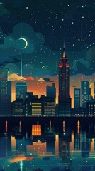 Light cityscape in flat design, top view, urban night theme, water color, Complementary Color Scheme - obrazy, fototapety, plakaty