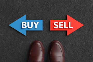 Person with brown shoes standing in front of a blue left arrow with the white word BUY and red right arrow with the word SELL on black asphalt. Illustration of the concept of investment decision