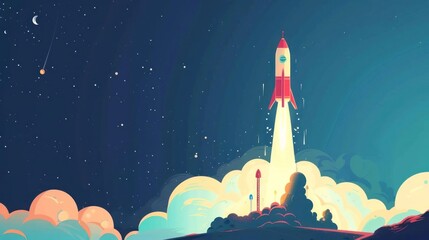 Rocket launch in flat design, side view, space exploration theme, animation, vivid - obrazy, fototapety, plakaty
