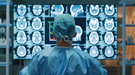 Science and Health Concepts : Medical Hospital Research Laboratory Caucasian Male Neurosurgeon Looking At TV Screen With Brain MRI Scans Of Patient