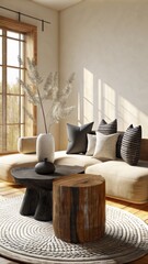 minimalist boho living room with black and white sofa, wooden coffee table made of tree trunk - obrazy, fototapety, plakaty