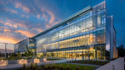 A large glass building with a lot of windows and a large courtyard
