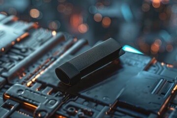 Black speaker placed on top of a computer motherboard. Suitable for technology and electronics concepts