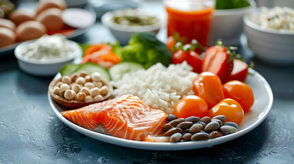 A plate of food with a variety of vegetables and fruits, including broccoli and salmon