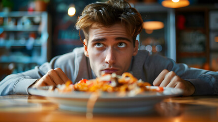 A hangry man is looking at a plate of spaghetti 