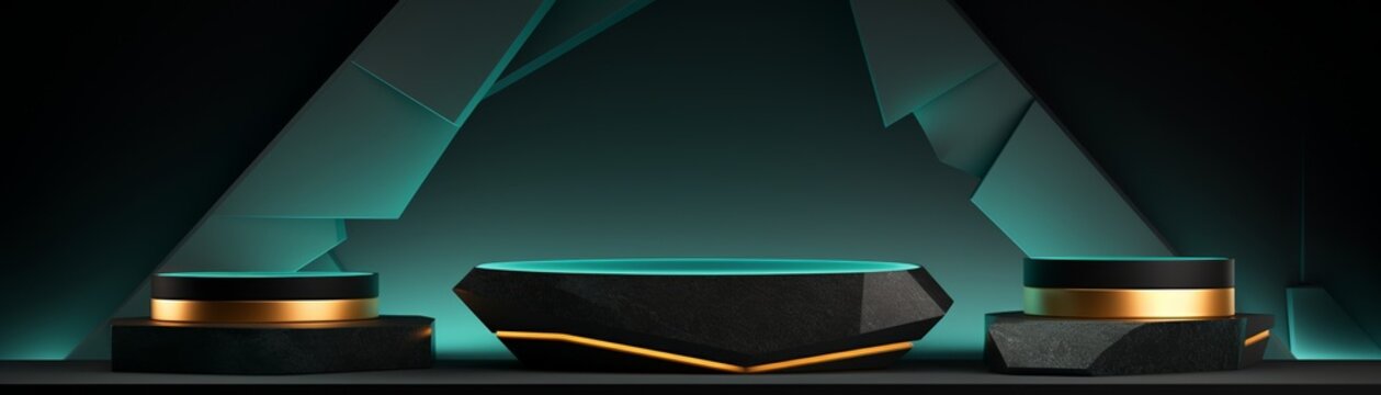 The podium is made of black and gold, with a blue light shining on it.