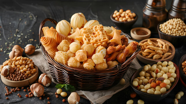 A basket of assorted snacks and nuts is displayed on a table
