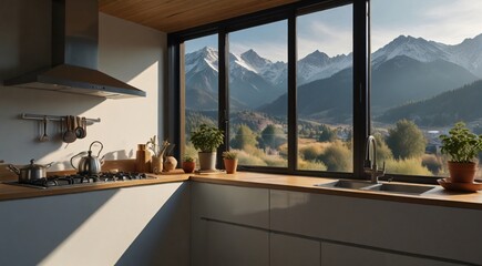 Fototapeta premium Modern Minimalist Kitchen Interior with Panoramic Mountain View and Natural Light