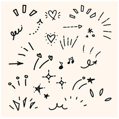 A set of abstract icons representing awareness, attention, concentration, surprise, ideas, inspiration, speech bubbles, and various with style doodle and line art