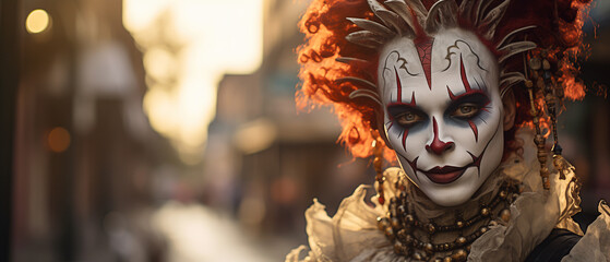 Naklejka premium Sinister person in a jester costume. In the style of a panoramic horror movie still. Set in New Orleans during Mardi Gras. Backlit sunset and unsettling street environment.
