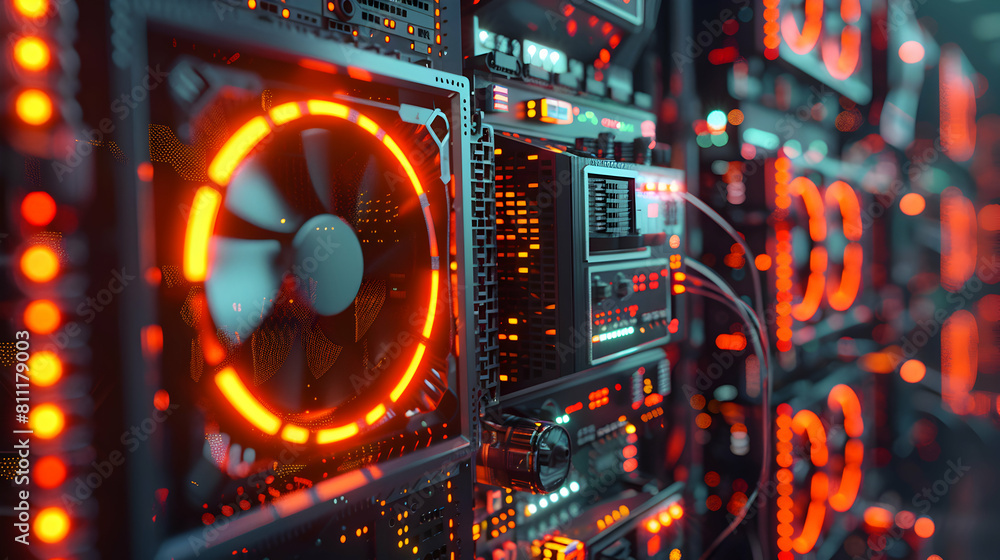 Poster high tech crypto miners in action: photo realistic concept of miners operating advanced rigs in a te