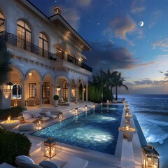 Obraz premium Exquisite Oceanfront Manor with Grand Infinity Pool Merging with the Moonlit Sea and Lush Gardens