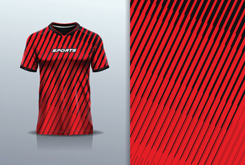 T-shirt mockup with abstract stripe line sport jersey design for football, soccer, racing, esports, running, in black red color