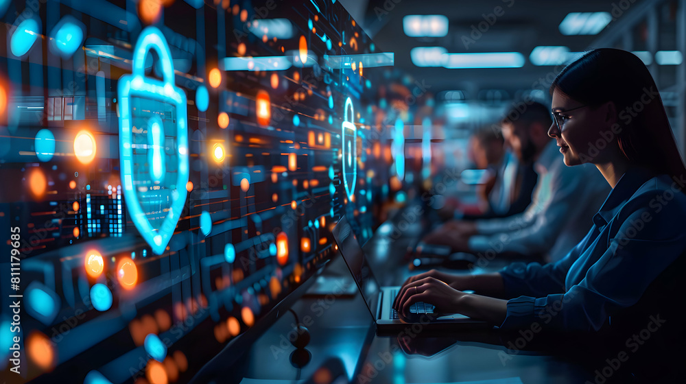 Poster photo realistic: cybersecurity team implementing safeguards a cybersecurity team working on advanced