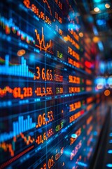 Fototapeta premium A close up of a stock market display with many different numbers, AI