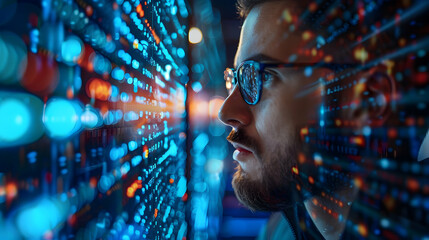Photo realistic concept of a Data Security Analyst intensely monitoring threats to manage cyber risks and secure organizational data