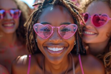 Three happy friends enjoy a summer beach party, laughing and taking joyful selfies in the sunlight.