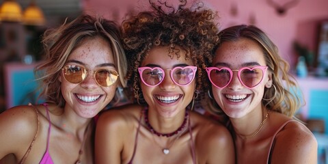 Three friends celebrate and enjoy summer with laughter and smiles, wearing stylish sunglasses at a party.