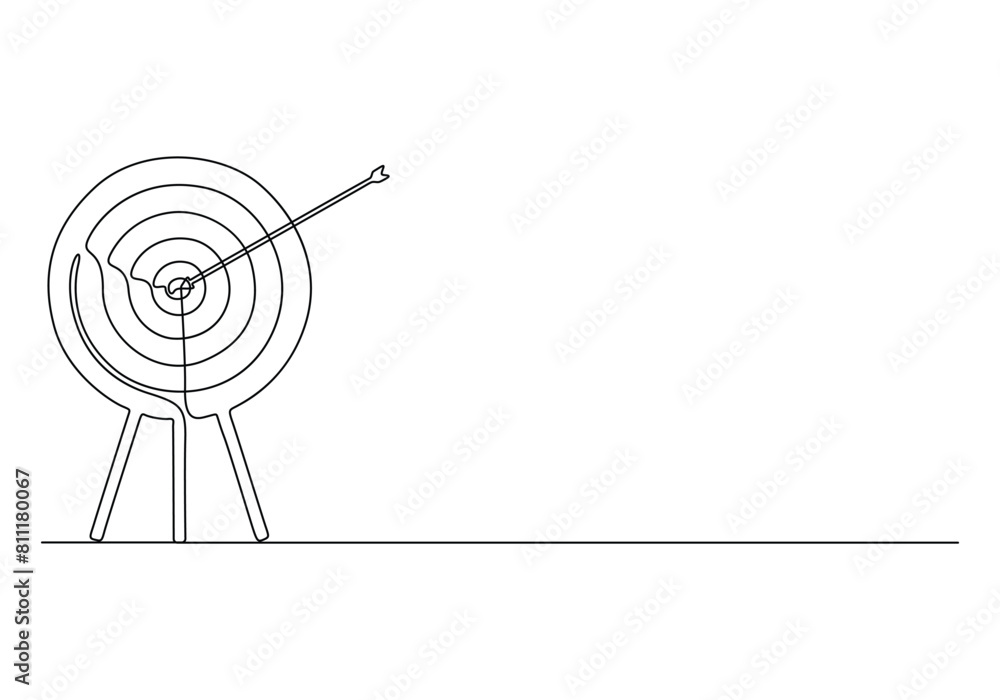 Poster continuous single line drawing of arrow on the target. concept of business challenge. premium vector