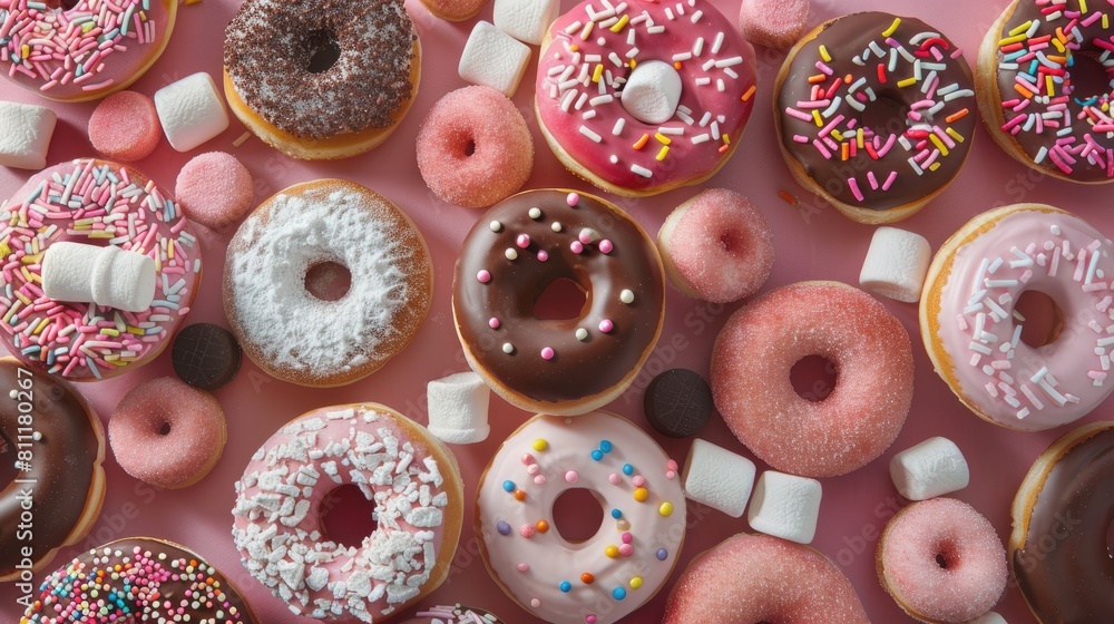 Poster indulge in a tempting display of donuts adorned with chocolate marshmallows and sugar sprinkles set 