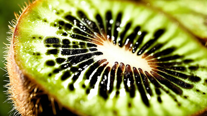 Close-up shot of a drop of juice flowing from a kiwi wedge on a green background 16:9 with copyspace