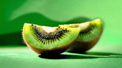Close-up shot of a drop of juice flowing from a kiwi wedge on a green background 16:9 with copyspace