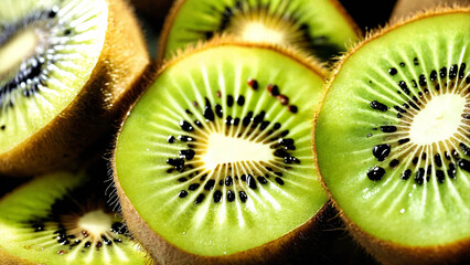 Close-up shot of a drop of juice flowing from a kiwi wedge on a green background 16:9 with copyspace