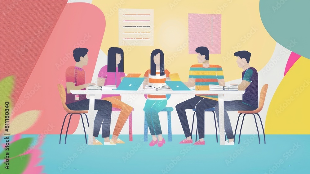 Poster a diverse group of people sit around a table, each engrossed in their own laptops, collaborating and