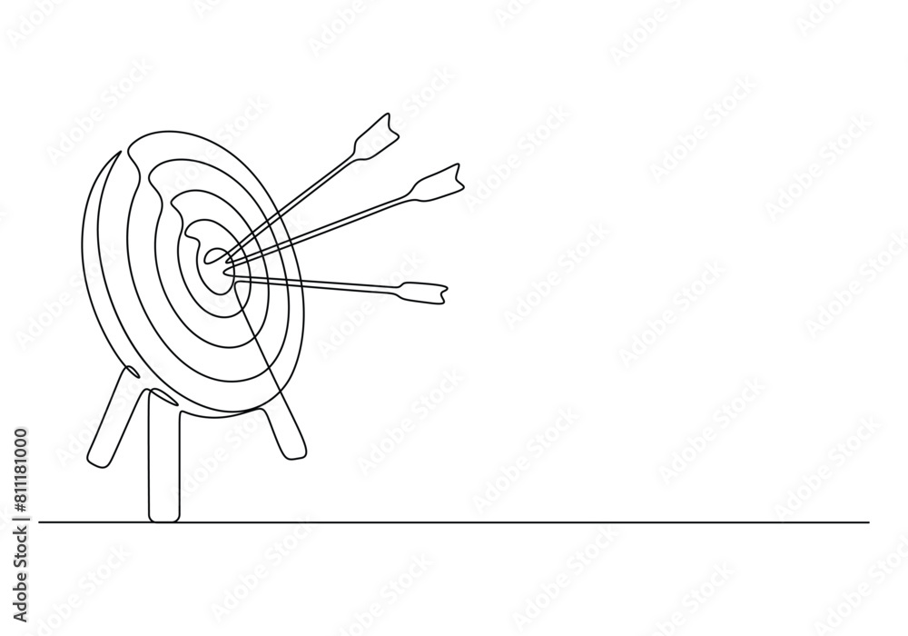 Poster continuous single line drawing of arrow on the target. concept of business challenge. premium vector