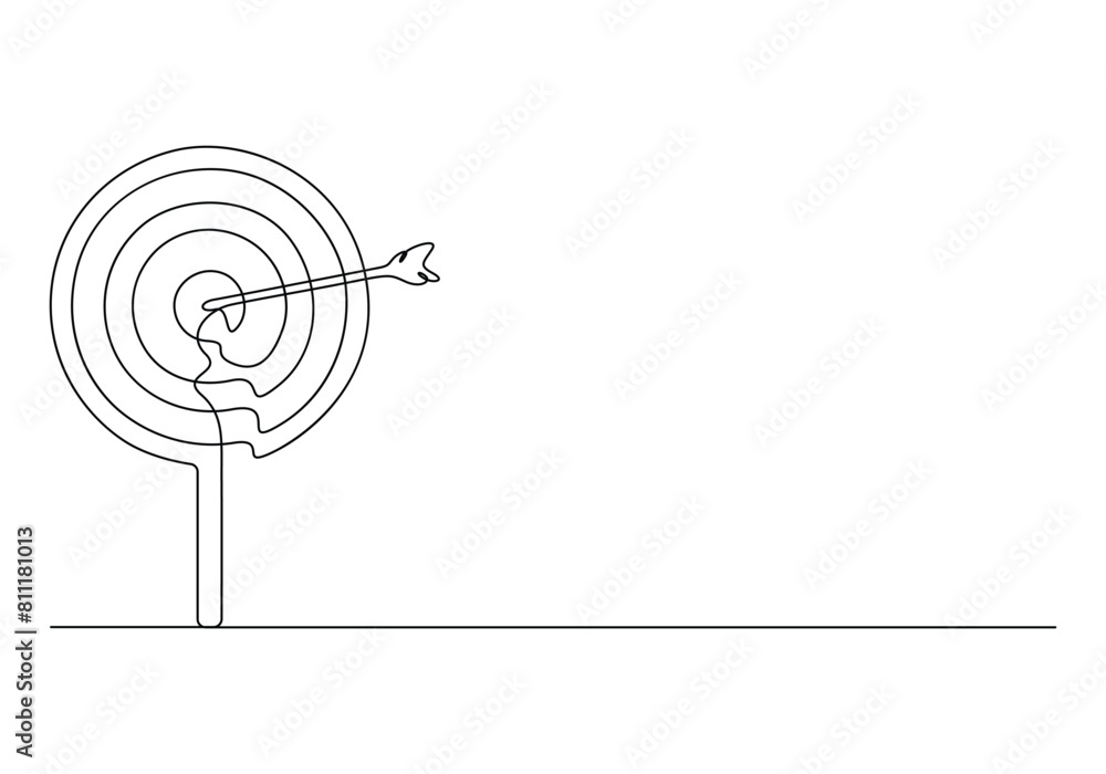 Poster continuous single line drawing of arrow on the target. concept of business challenge. premium vector