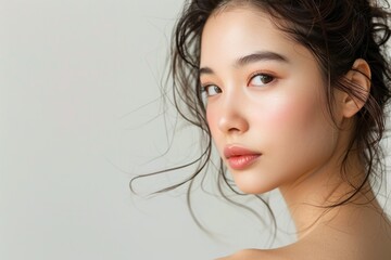 肌の綺麗な日本人女性（スキンケア・メイク・モデル・背景なし）	